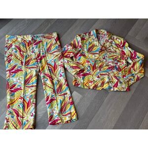 Tommy Hilfiger Tropical Floral Print Suit Set Jacket Pants Colorful Size 14 VTG